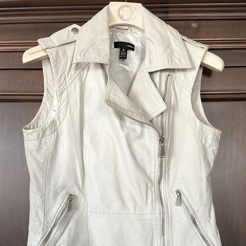 AQUA Genuine Leather Moto Zipper Vest Ivory XS but will fit S $200 jacket white